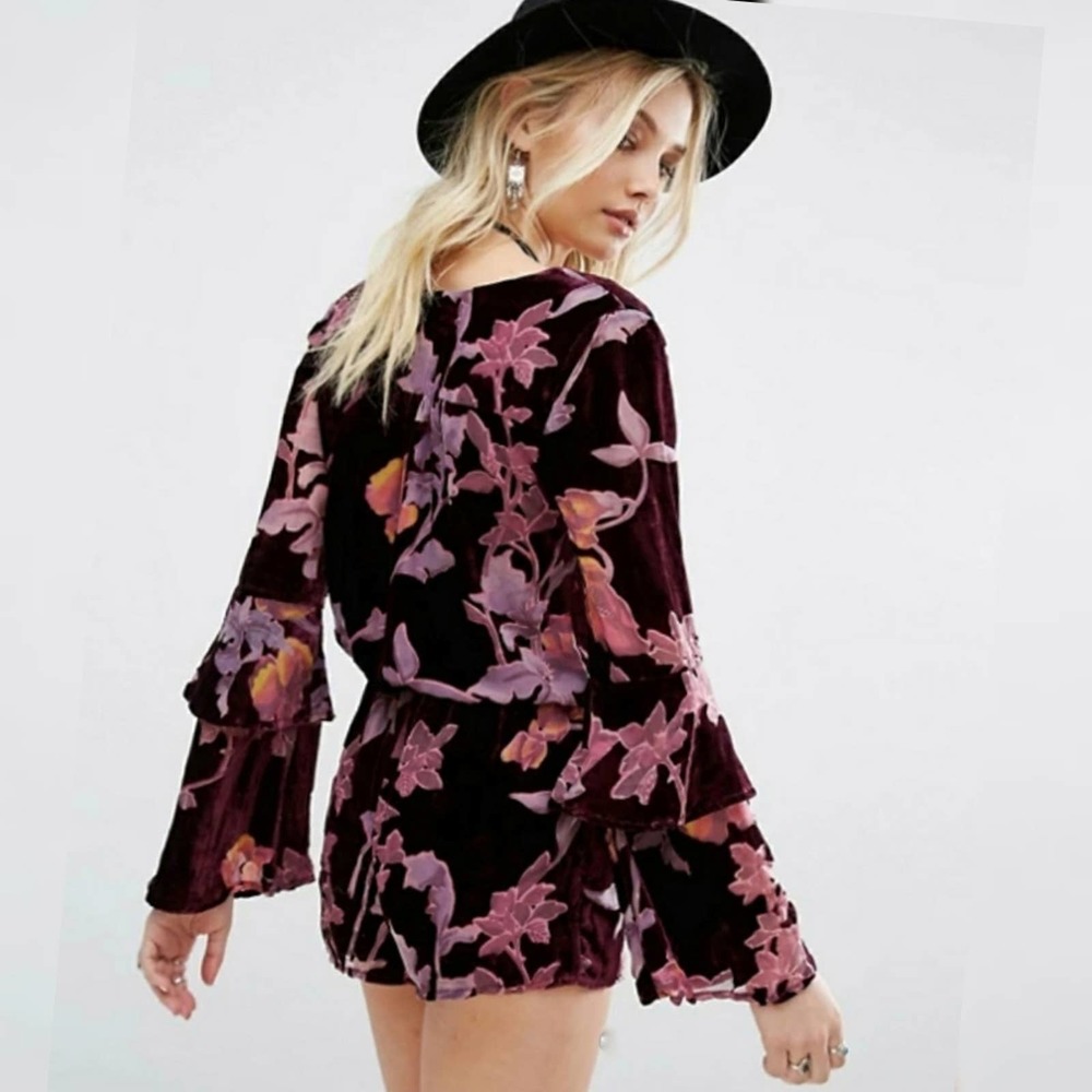 Honey Punch Floral Velvet Jumpsuit - Purple and Pink